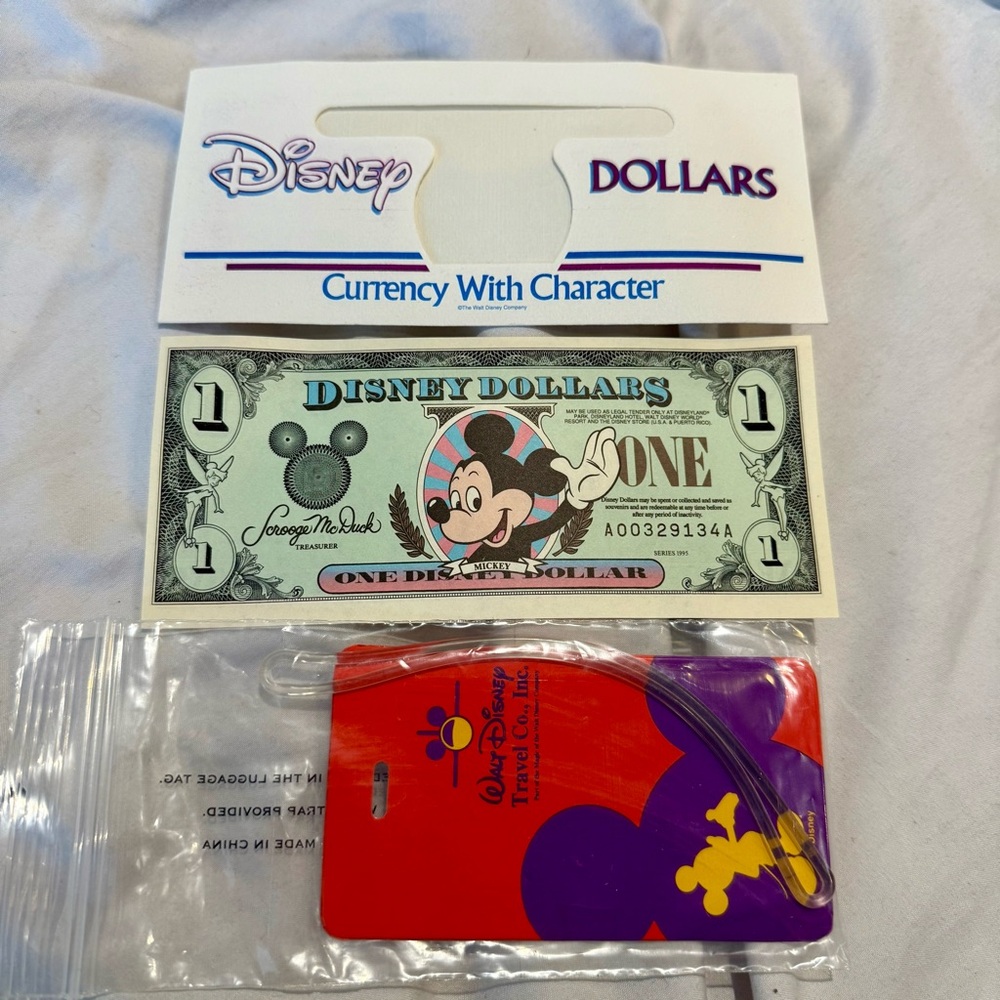 💜 Lot 2 Mickey Dollar luggage bag tag Disneyland Travel VHTF vintage 1995 Disney